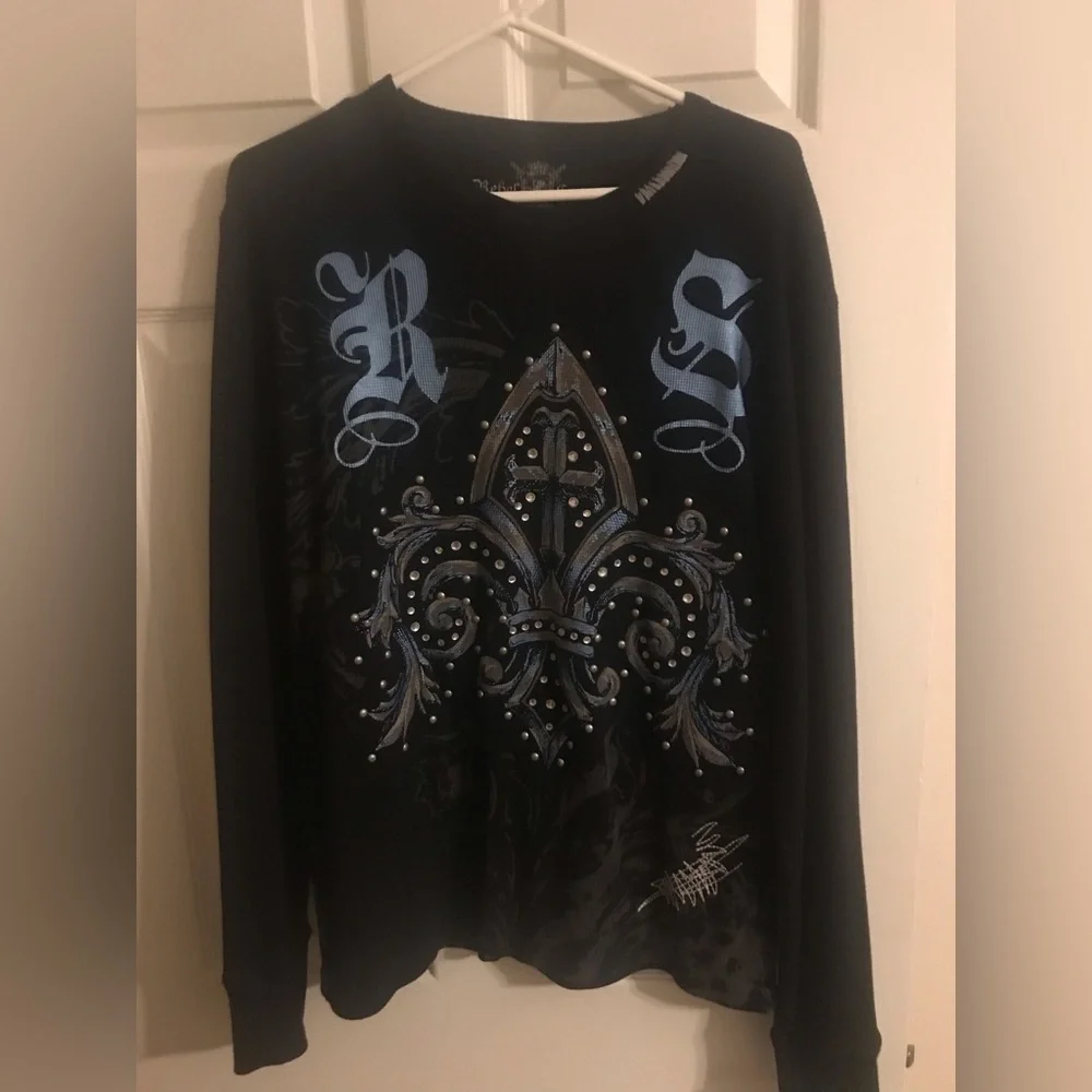 Rebel Spirit Rare Top Red T-Shirt Long Sleeve Thermal Rhinestone Y2K - Picture 2 of 3